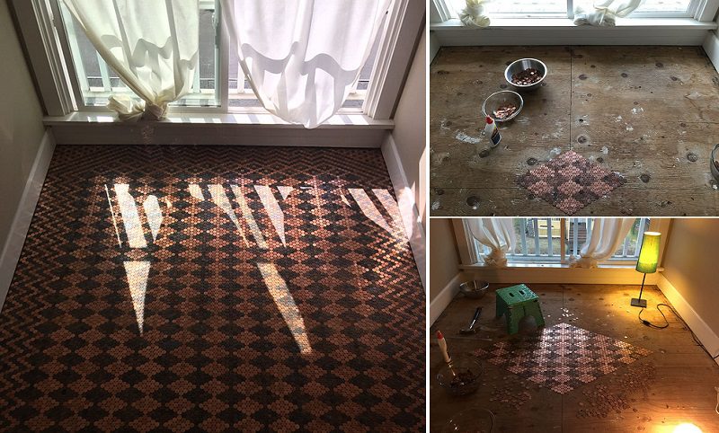 Renovating Old Floor with 13,000 Pennies Turning Into Stunning Patterns