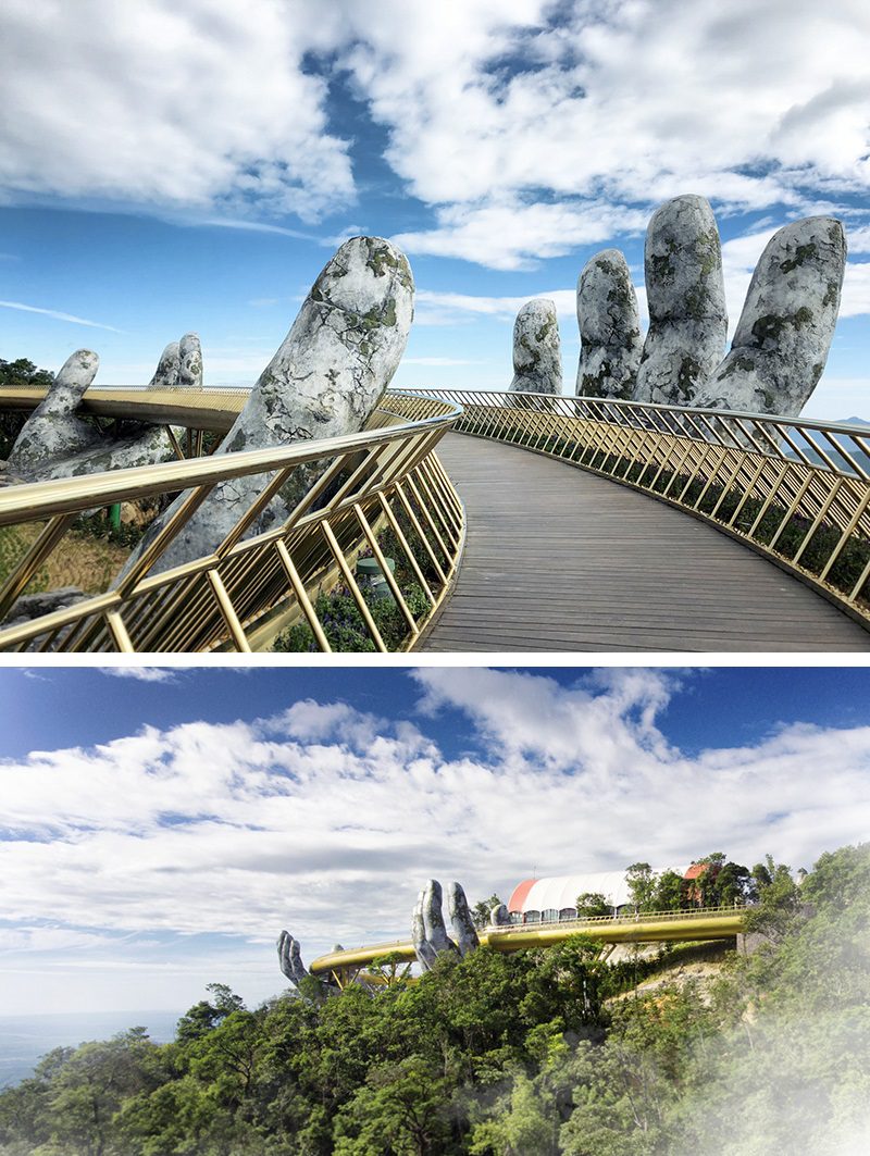 Two gigantic hands hold the Golden Bridge in Vietnam