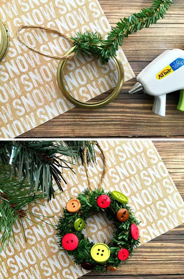 Pine Roping Garland And Buttons Decorated Mason Jar Lid Ring Ornament