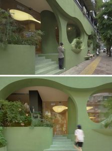 Nature Enters This Pastel Green Café in China Through Irregular Curves