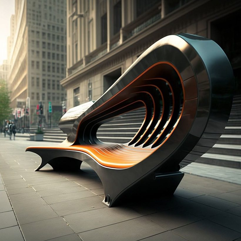 Futuristic bench with wooden details