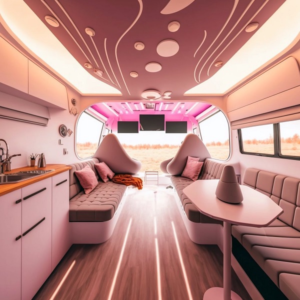 interior of a pink van