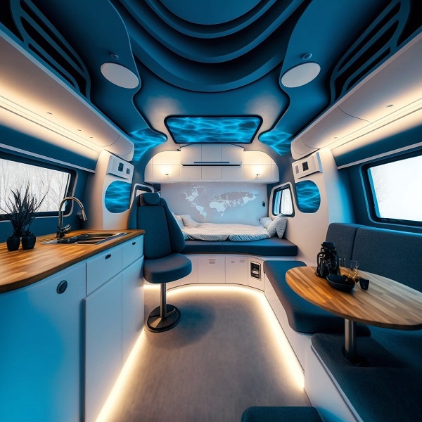 interior design of a blue van
