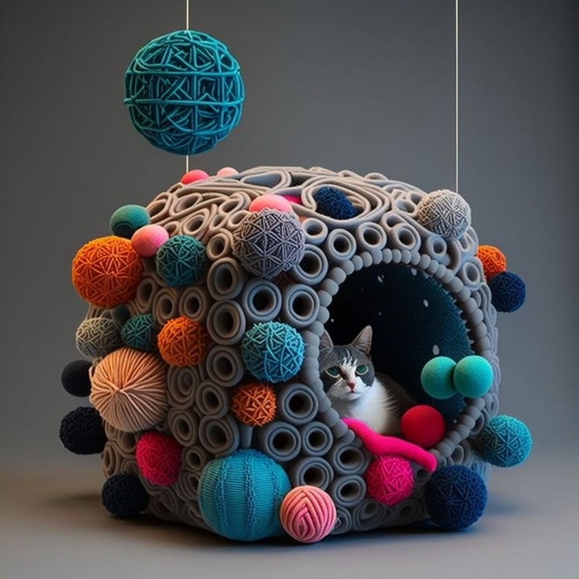 Cubic Cat house with Knitting Yarns