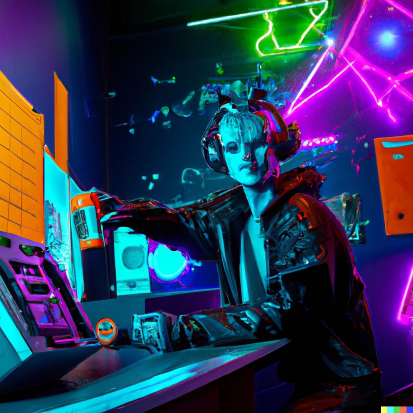 A cyberpunk monster in a control room