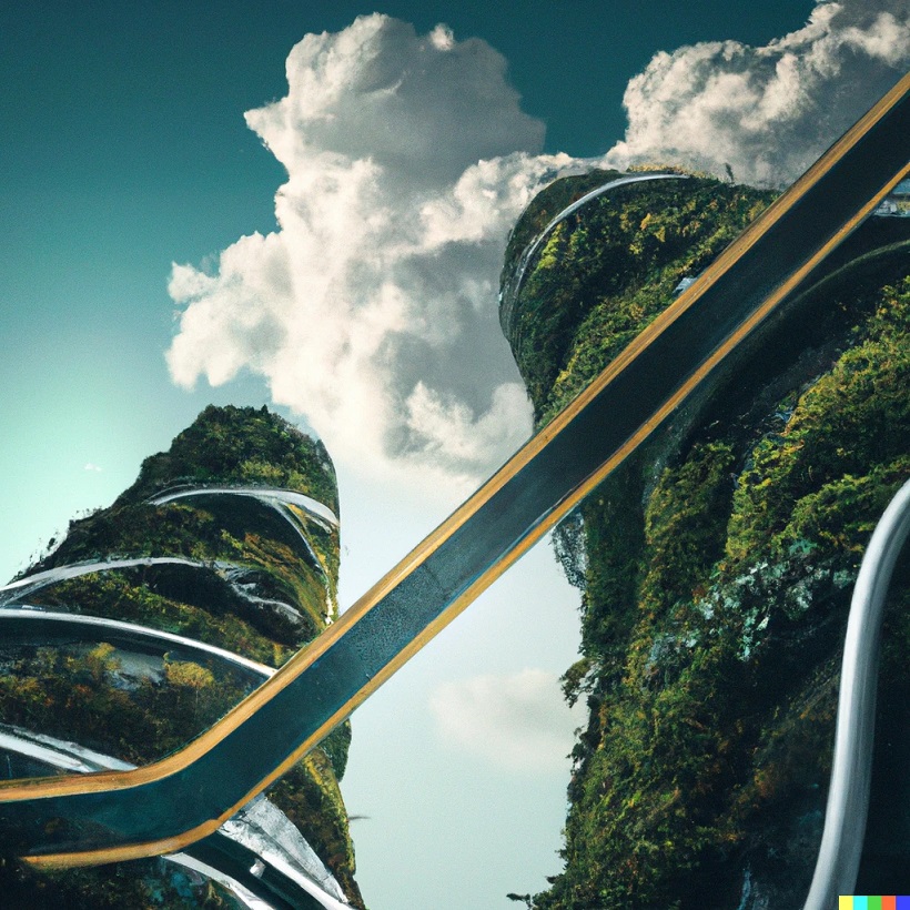 Two futuristic towers with a skybridge covered in lush foliage, digital art