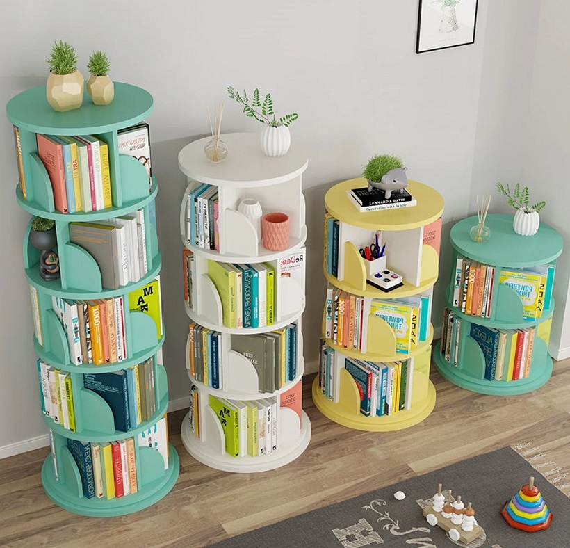 colorful, round bookshelves