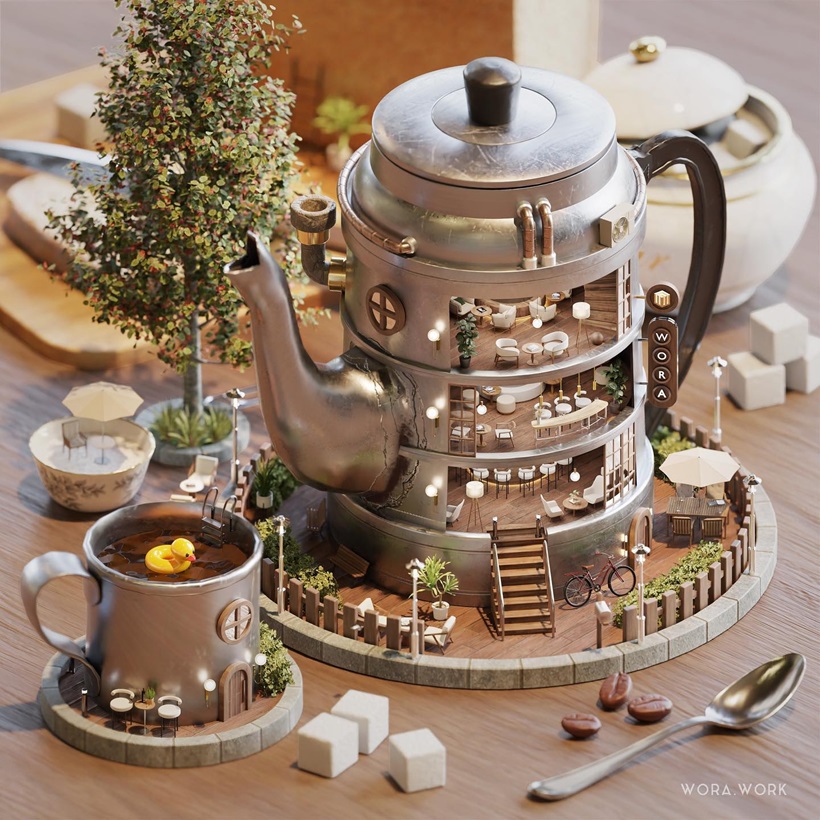 design of a house in a tea pot