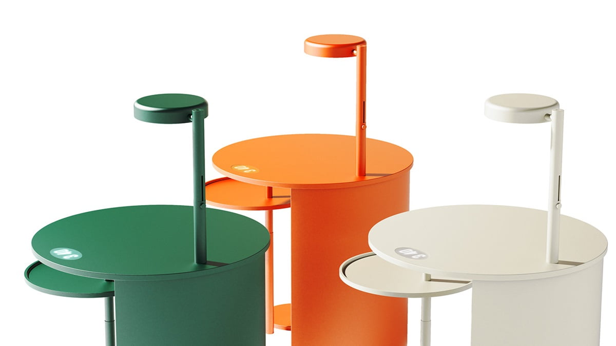 The Time Table is unusual in terms of design and properties. For example, it is a circular desk with a stool, table, lamp, and additional shelf, in addition to a digital clock on the table.