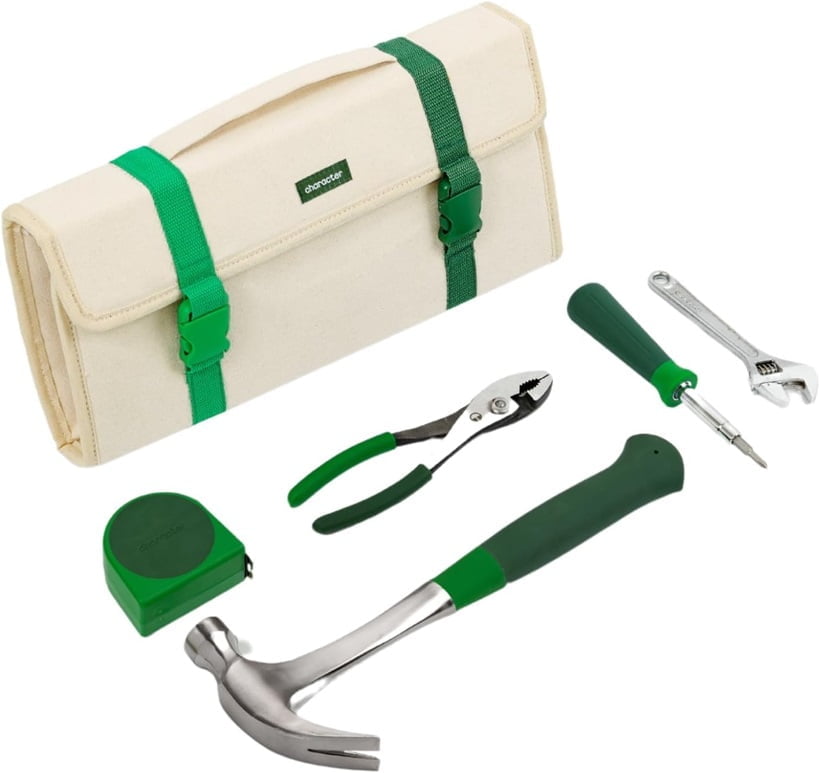 5-Piece Tool Set for Home, Compact & Portable Tool Kit in a Natural Canvas Storage Bag, with Hammer, Screwdriver, Wrench and Pliers, Character