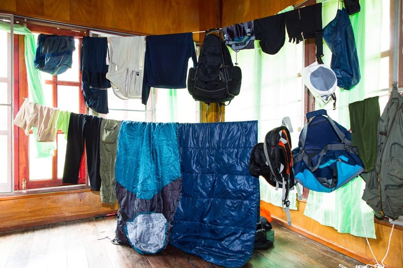 wet camp clothes hung