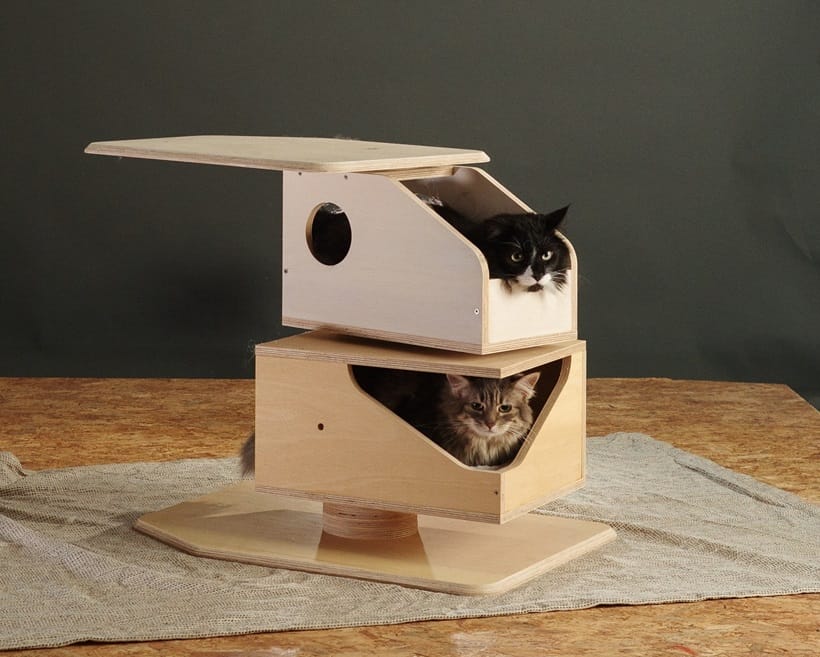 two cats sleeping in their cat tower