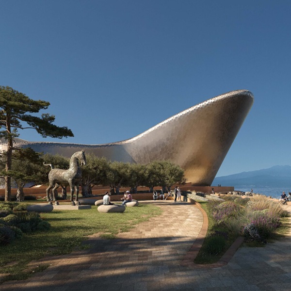 The Centre of Mediterranean Culture redefines architectural boundaries with its fluid, wind-inspired form. The massive building is a design of Zaha Hadid Architects.
